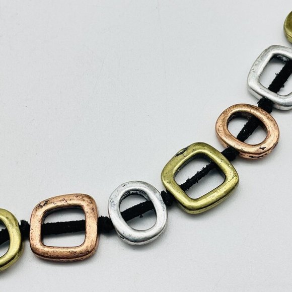 Open Square Necklace Black Suede Cord Mixed Metal Tones Modernist Classic Career - Picture 3 of 9